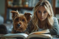 Young Caucasian woman with long blonde hair in gray sweater reading book at home with Yorkshire terrier puppy. Cozy lifestyle portrait perfect for blogs and social media.