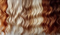 Wavy hair texture in blonde, brown and copper tones creating natural flowing pattern. Close up view of curly hairstyle strands showing different hair colors.