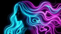 Neon glowing woman silhouette with flowing hair in cyan and magenta colors on black background for digital art and futuristic design projects.