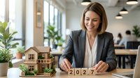 Young woman, Caucasian ethnicity, real estate agent or property developer, smiling while presenting wooden house model and 2027 number blocks in modern office environment with colleagues and plants in background.