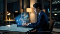 Professional businessman working late at night with holographic data visualization and laptop in modern office environment for business analytics.