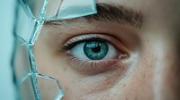 Young woman with striking blue eye behind cracked glass effect, conceptual portrait representing fragility, breakthrough, and inner strength for creative projects.