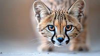 Young serval cat with intense blue eyes and distinctive spotted markings in close-up portrait view against soft blurred background showing wild feline beauty and natural hunting focus.