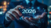 Digital hologram showing year 2026 floating between business professional hands with futuristic interface elements and glowing data visualization in dark setting.