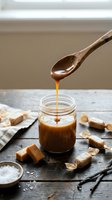 Homemade salted caramel sauce dripping from wooden spoon into glass jar surrounded by caramel candies and sea salt on rustic wooden table for dessert recipes.