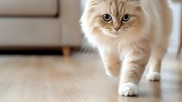 Cream colored ragdoll cat with blue eyes walking gracefully on wooden floor. Close up view of purebred feline with long fluffy fur showing elegant movement.