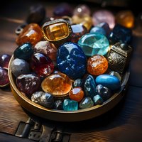 Collection of colorful gemstones and crystals in brass bowl on wooden surface for jewelry making, healing practices, and decorative purposes.
