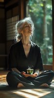 Senior Caucasian woman in black kimono sitting cross-legged with tea cup, enjoying peaceful moment in sunlit traditional Japanese room with natural backdrop.