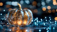 Glowing golden pumpkin with sparkling fairy lights creating magical bokeh effect on dark background, festive autumn holiday decoration for seasonal design.