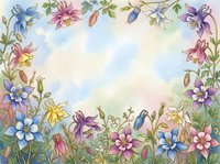 Watercolor floral frame with colorful columbine flowers on soft pastel background, forming a decorative border with copy space in center.
