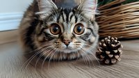 Adorable tabby kitten with large amber eyes lying on wooden floor next to pine cone, perfect for pet care and home decor projects.