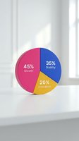 Colorful pie chart showing business data percentages for growth, stability and innovation on modern office desk for presentations and reports.