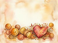 Watercolor background with golden coins and ornate floral heart, warm beige texture with copy space for greeting cards and designs.