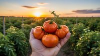 Fresh ripe tomatoes in farmer hand at sunset in agricultural field. Organic harvest concept for healthy eating and sustainable farming practices.