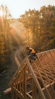Man in orange safety vest working on wooden roof frame structure overlooking autumn forest road with golden sunlight filtering through fall foliage trees.