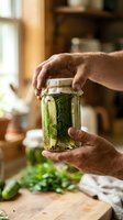 Mature male hands holding glass jar with fresh dill herb preservation, home kitchen fermentation and pickling process, sustainable food storage and preparation technique.