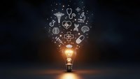 Glowing light bulb with floating medical icons and symbols representing healthcare innovation, telemedicine, and digital health technology solutions.