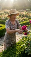 Senior woman gardener tending vibrant roses in formal garden, wearing straw hat and floral dress, harvesting blooms for floristry, gardening, and horticulture projects.