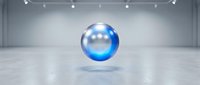 Blue glossy sphere floating in minimalist concrete gallery space with spotlights, representing innovation, technology, and modern design concepts for corporate and creative projects.