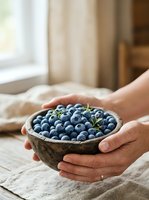 Hands holding wooden bowl filled with fresh blueberries in bright bedroom setting, perfect for food, wellness, and lifestyle content.