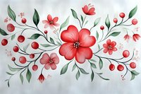 Delicate watercolor floral composition with red blooms, berries, and green leaves on light background. Elegant botanical arrangement.