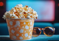 Fresh popcorn overflowing in polka dot orange container with sunglasses on turquoise surface against blurred cinema background, entertainment concept.