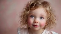 Young caucasian girl with curly blonde hair and bright blue eyes smiling sweetly against pink background, wearing white. Natural childhood portrait showing innocence and joy.