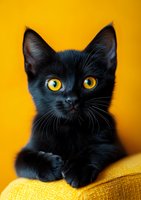 Black kitten with bright yellow eyes against vibrant orange background, resting on textured fabric. Close-up portrait captures mysterious feline expression and soft fur detail.