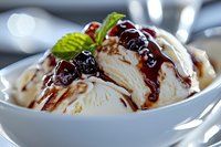 Creamy vanilla ice cream scoops topped with dark chocolate sauce and fresh berries in white ceramic bowl, close-up view showing rich texture and glossy toppings.