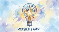 Light bulb with rocket, gears and growth symbols inside on watercolor background representing innovation, creativity and business development concepts.