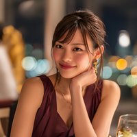 Young Asian woman smiling warmly at camera with hand on chin, wearing burgundy dress at evening restaurant with bokeh city lights background for lifestyle content.