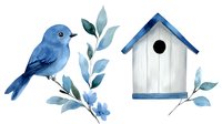 Watercolor blue mountain bluebird perched on branch near white and blue wooden birdhouse, surrounded by soft blue-green leaves and floral elements.