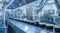 Automated robotic arm packaging glass jars on industrial conveyor belt in modern pharmaceutical manufacturing facility with sterile environment.