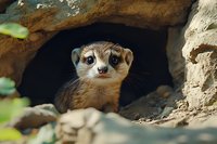 Curious mongoose peeking from rocky cave burrow in natural habitat showing alert expression and distinctive facial markings for wildlife photography.