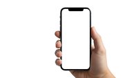 Hand holding modern smartphone with blank white screen isolated on white background for mobile app mockup and digital technology presentation.