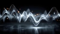 Abstract digital wave particles flowing in dark space with glowing lights and reflective surface for technology and data visualization concepts.