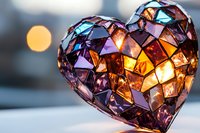 Colorful mosaic heart shape with glowing warm light through stained glass pieces in purple, amber and blue tones against soft bokeh background.