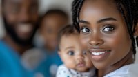 Young African American woman smiling warmly at camera with family in background, representing healthcare, wellness, family bonds and positive emotions.