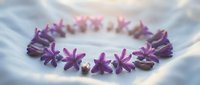Purple flower crown arranged in circle on soft white fabric with natural lighting for wedding photography and bridal accessories.