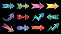 Set of twelve directional arrows with watercolor textures in blue, green, pink, yellow, purple, red, and orange. Isolated on transparent background, ready for clipart, t-shirt design, stickers, print-on-demand, and sublimation projects.
