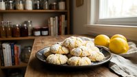 Freshly baked lemon crinkle cookies dusted with powdered sugar on dark plate in cozy kitchen setting with lemons and cookbooks on wooden counter.