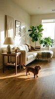 Cozy modern living room interior with dachshund dog, houseplants, neutral sofa, wooden floors and natural sunlight streaming through window.