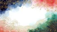 Watercolor background with golden ornamental patterns and decorative swirls in blue pink green tones for wedding invitations greeting cards design projects.