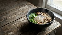 Steaming hot ramen bowl with soft-boiled egg, fresh greens and noodles on rustic wooden table by window for food blogs and restaurant menus.
