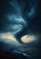 Dramatic tornado funnel cloud swirling over winding river valley at dusk, with moody dark storm clouds and rays of sunlight breaking through atmospheric landscape.