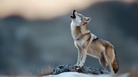 Majestic gray wolf howling while standing on rocky outcrop at dusk, dramatic wilderness scene with blurred mountain background creates atmospheric mood.