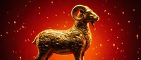 Golden ram statue with ornate decorative details on vibrant red and orange gradient background with glowing particles, symbolizing wealth, prosperity and success.
