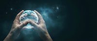 Hands holding glowing digital globe with data streams and network connections against dark starry background, representing global technology, innovation, and digital transformation.