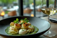Gourmet seared scallops with herb sauce and white wine on elegant black plate in upscale restaurant setting for fine dining culinary presentation.