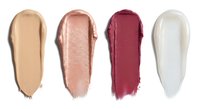 Cosmetic makeup foundation concealer lipstick swatches in nude beige rose gold burgundy white colors isolated on white background for beauty products.